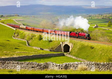 Dampfzug auf der Böschung am Greengate. Kirkby Stephen, machen Sie es sich Carlisle Railway Line, Eden Valley, Cumbria, England, Vereinigtes Königreich, Europa. Stockfoto