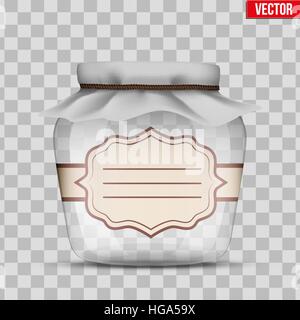 Glas Glas für die Konservenindustrie und Erhaltung mit Tuch abdecken und Aufkleber Label. Vektor-Illustration isoliert auf transparentem Hintergrund. Stock Vektor