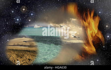 Die vier ursprünglichen Elemente wie sie von den alten griechischen Philosophen in den Äther definiert wurden: Erde, Wasser, Luft und Feuer. Stockfoto