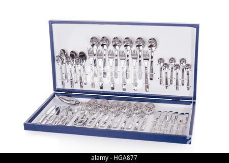 Blaue Besteck Kasten isoliert auf weißem Hintergrund Stockfoto