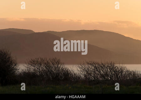 Die Sonne geht auf den Hügeln der Mizen Halbinsel, County Cork, Irland erstellen einen goldenen Schimmer Stockfoto