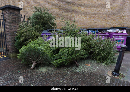 London, UK. 7. Januar 2017. Verlassene Weihnachtsbäume neben recycling-Behälter in Wapping, East London, ist der Tag nach dem zwölften Nacht vergangen. Bildnachweis: London Pix/Alamy Live News Stockfoto