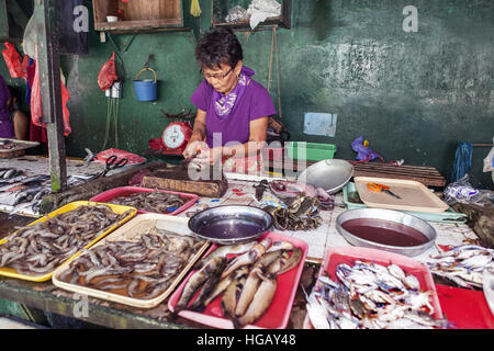 Philippinische Frau bereitet Milchfisch, Chanos Chanos, auf dem öffentlichen Markt in Barretto Stadt, Insel Luzon, Philippinen zu verkaufen. Stockfoto
