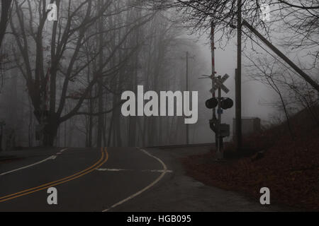 Bahnübergang in Nebel, Balsam-Berg, Great Smoky Mountains, North Carolina Stockfoto