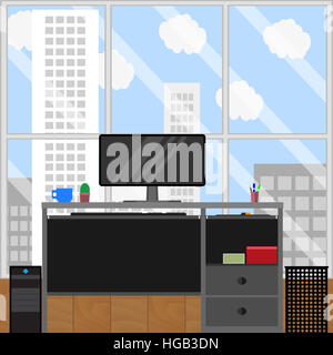 PC-Arbeitsplatz und Stadtlandschaft von Fenster. Büroarbeitsplatz, Geschäft Büroeinrichtung. Vektor-illustration Stockfoto
