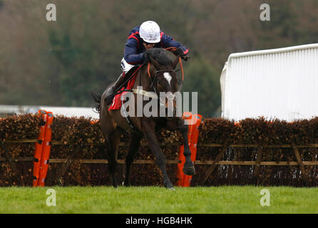 Don Bersy geritten von Aidan Coleman führt das Feld über dem letzten Flug vor dem Schlafengehen auf 32Red Casino Juvenile Hurdle Race 32Red tagsüber auf Sandown Pferderennbahn laufen zu gewinnen. Stockfoto