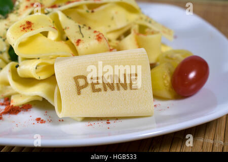 Nudelgericht gekleidet auf einem weißen Teller mit Blattspinat und Tomaten dekoriert. Auf der vorderen Noodle ist das Wort Penne. Stockfoto