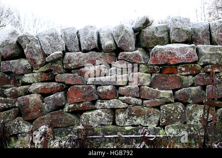 frostige Stein Wand rot grün trocken Frost eiskalt Stockfoto