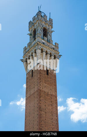 Turm des Palazzo Pubblico an der Piazza del Campo im historischen Zentrum von Siena, Italien, Europa Stockfoto