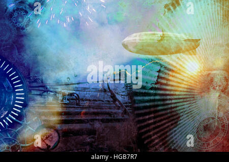 Vintage Steampunk-Design-Hintergrund mit Luftschiff, Uhren, Feuerwerk und Dampfmaschine Elementen. Grunge strukturierte digitale Foto Stockfoto