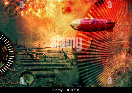 Vintage Steampunk-Design-Hintergrund mit Luftschiff, Uhren, Feuerwerk und Dampfmaschine Elementen. Grunge strukturierte digitale Foto Stockfoto