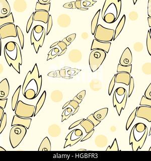 Nette und bunte Raum Musterdesign Hintergrund mit Raketen. Gelb. Stock Vektor