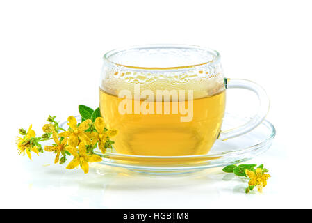 Tee mit Johanniskraut in einer Glasschale isoliert auf einem weißen Hintergrund und die Blüte Hypericum Kraut Stockfoto