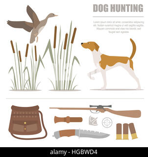 Jagd-Icon-Set. Hund Jagd, Ausrüstung. Flachen Stil. Vektor-illustration Stockfoto