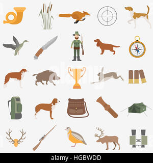 Jagd-Icon-Set. Hund Jagd, Ausrüstung. Flachen Stil. Vektor-illustration Stockfoto