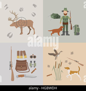 Jagd-Icon-Set. Hund Jagd, Ausrüstung. Flachen Stil. Vektor-illustration Stockfoto