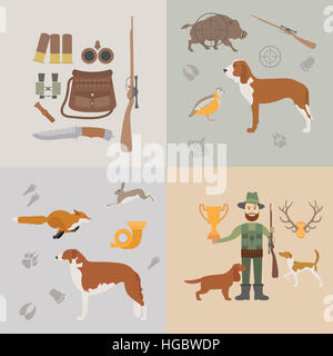 Jagd-Icon-Set. Hund Jagd, Ausrüstung. Flachen Stil. Vektor-illustration Stockfoto