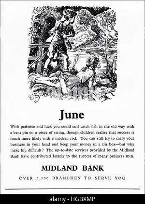 1950er Jahre Werbung Anzeige aus original alten Vintage englisches Magazin datiert 1953 Werbung für Midland Bank Stockfoto