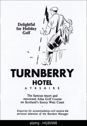 1950er Jahre Werbung Werbung aus original alten Vintage englischen Magazin datiert 1953 Werbung für Golfresort Turnberry Hotel Ayrshire, Schottland Stockfoto