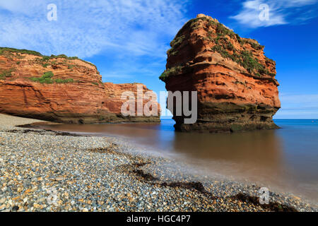 Ein Sandstein-Meer-Stack im Ladram Bay in South East Devon. Stockfoto