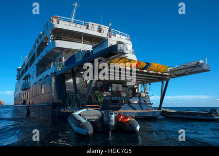 Safari Endeavour Kreuzfahrt verankerte vor Los Islotes Seelöwen Rookery, Sea of Cortez, Baja California, Mexiko. Stockfoto