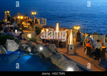 Sonnenuntergang da Mona Lisa, romantisches Restaurant in Los Cabos, Mexiko, Sea of Cortez, Baja California. Berühmt für seine spektakulären Aussichten auf die Bucht und Los Cab Stockfoto