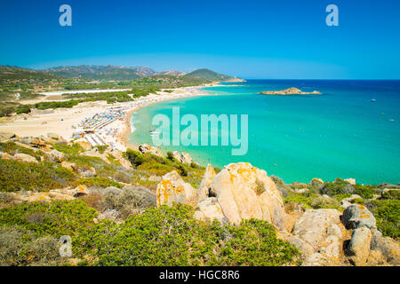 Panorama von den wunderschönen Stränden von Chia, Sardinien, Italien. Stockfoto