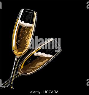 Zwei Gläser mit Champagner, isoliert auf einem schwarzen Hintergrund, Vektor-Illustration. Stock Vektor