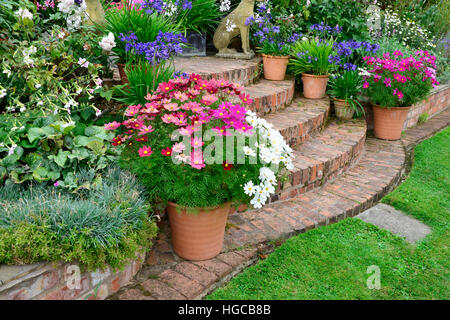 Bunte Garten-Terrasse mit gemischten Beeten und bepflanzten Container machen eine sehr attraktive vor einem Landhaus anzeigen Stockfoto
