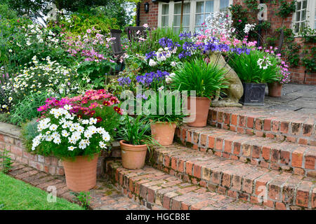 Bunte Garten-Terrasse mit gemischten Beeten und bepflanzten Container machen eine sehr attraktive vor einem Landhaus anzeigen Stockfoto