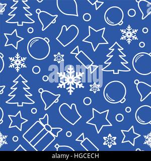 Weihnachten Musterdesign mit Schneeflocken, Xmas Tree, Glocken, Handschuh, Geschenk-Box und andere Symbole. Flache lineare Symbole auf blauem Hintergrund isoliert. Wrappi Stock Vektor