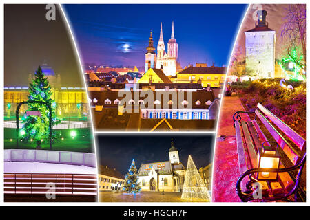 Stadt Zagreb Advent Abend Postkarte, Hauptstadt von Kroatien collage Stockfoto