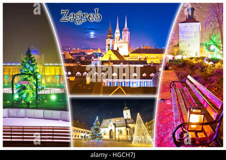 Stadt Zagreb Advent Abend Postkarte, Hauptstadt von Kroatien Collage mit label Stockfoto