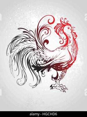 kunstvoll bemalte roten Hahn mit einem schwarzen Schweif mit einem grauen Hintergrund. Stock Vektor