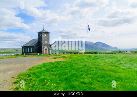 Blick auf die alte Kirche von Thingeyrar, Nordwesten Island Stockfoto