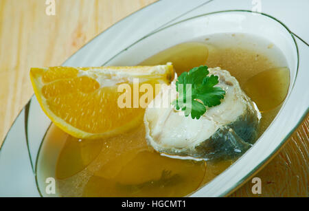 Caldillo de Perro - Meeresfrüchtesuppe von Andalusien, Südspanien Stockfoto