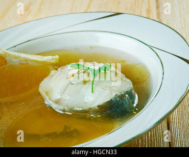 Caldillo de Perro - Meeresfrüchtesuppe von Andalusien, Südspanien Stockfoto