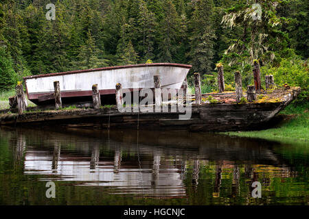 Altes Boot in einem gemäßigten Regenwald auf den Brother Islands zwischen Passage Stephens und Frederick Sound. Alexander Archipel, südöstlichen Alaska. Die Stockfoto