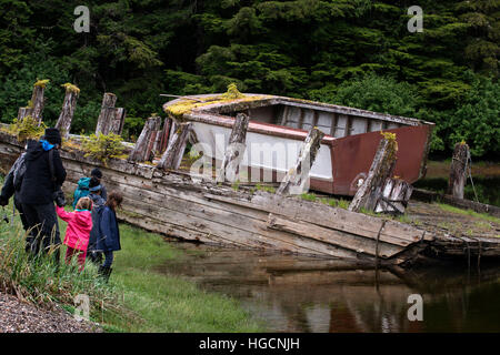 Altes Boot in einem gemäßigten Regenwald auf den Brother Islands zwischen Passage Stephens und Frederick Sound. Alexander Archipel, südöstlichen Alaska. Die Stockfoto