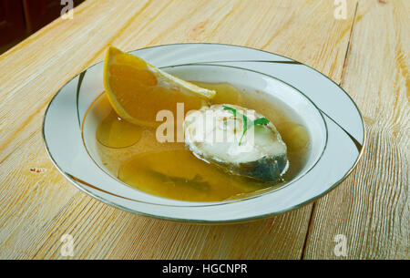 Caldillo de Perro - Meeresfrüchtesuppe von Andalusien, Südspanien Stockfoto