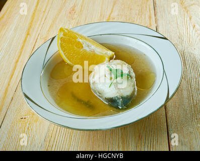 Caldillo de Perro - Meeresfrüchtesuppe von Andalusien, Südspanien Stockfoto