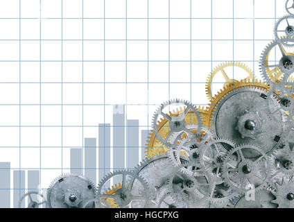 Business-Konzept. Verschiedenen Metallzahnräder auf Papierhintergrund mit Diagramm Stockfoto