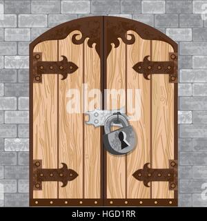 Abbildung mit alten Vintage arabischen mittelalterlichen Turm-Eingang mit Vorhängeschloss und graue Mauer Stock Vektor