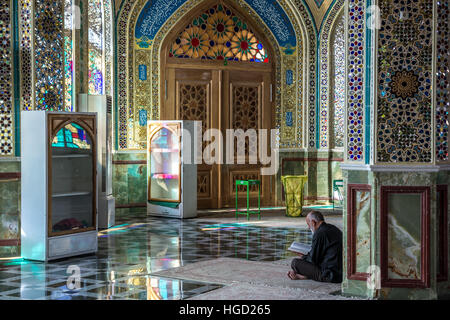 Iranischen Mann liest Koran in den Heiligen Schrein von Imamzadeh Helal Ali (Hilal ibn Ali) in Aran va Bidgol, Provinz Isfahan im Iran Stockfoto