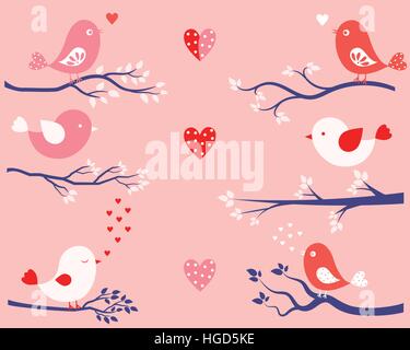 Niedlichen Valentine Tag Designelemente im flachen Stil mit Vögel, Äste und Herzen in rosa, rot und blau Stock Vektor
