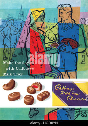 1959 britische Werbung für Cadburys Milchschokolade Tray Stockfoto