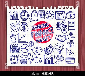 Doodle Finance, Banking und Budget Icons Set. Hand gezeichnet doodle Symbole Sammlung. Grafische Elemente für Websites, corporate Ausdrucke, pädagogische Stock Vektor
