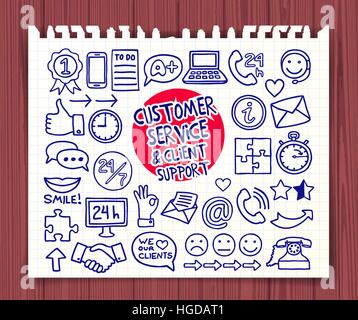 Doodle-Kunden-Service-Symbole festgelegt. Hand gezeichnet doodle Symbole Sammlung. Grafische Elemente für Websites, corporate Ausdrucke, pädagogische Plakate in Stock Vektor