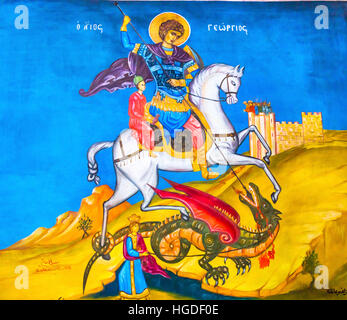 Saint George Drachen Fresko St.-Georgs griechisch-orthodoxe Kirche Madaba Jordan.  Kirche entstand in den späten 1800er und beherbergt viele berühmte Mosaiken Stockfoto