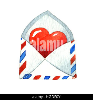 Red Heart in den Umschlag. Aquarell Bild Stockfoto